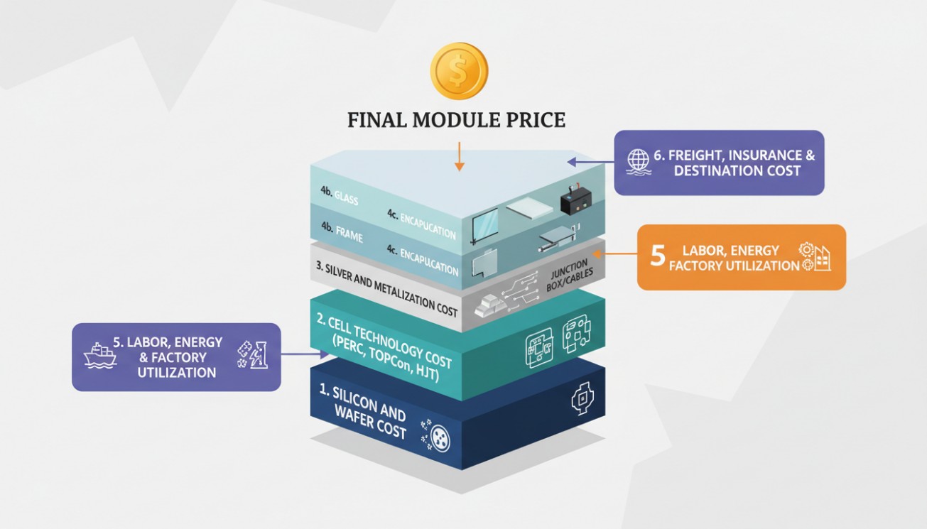 Solar module cost stack showing silicon wafer cost cell technology cost silver metallization glass frame encapsulation labor energy factory utilization freight insurance and destination cost